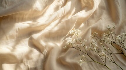 Aufkleber - Aesthetic natural minimalistic background elegant sunlight floral shadows on a neutral beige linen texture pleated tablecloth background with copy space : Generative AI