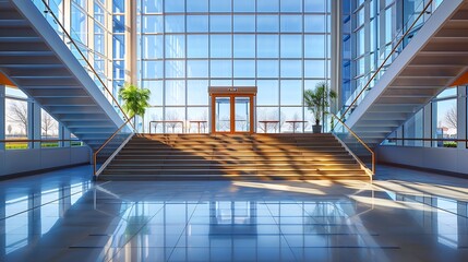 Poster - A wide staircase along the large windows in an office building Modern interior of the lobby of an office building with large spacious windows Illuminated long corridor in a modern busi : Generative AI