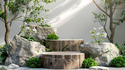 Poster - Decoration Wood cut podium and stone arrangements with green flowers on white background  Abstract podium for organic cosmetic products Natural stand for presentation and exhibitions F : Generative AI