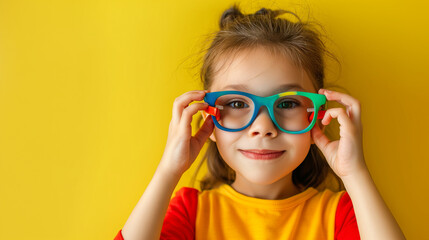 A child trying on colorful glasses, eyewear, with copy space