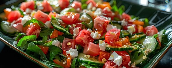 Wall Mural - Fresh mixed green salad with tomatoes, cucumbers, and feta cheese in a dark green bowl - a vibrant and healthy meal