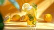 © Generative AI - Iced drink with lemon mint in a glass on a on a light background with shadow and citrus fruits The concept of a cold tea or lemonade on a hot summer day Front view : Generative AI