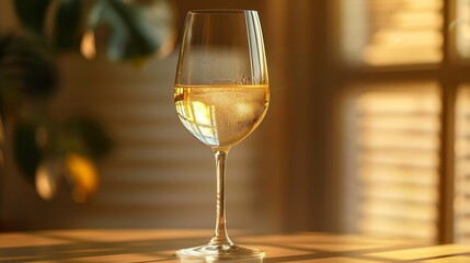 Wall Mural - One wineglass with white wine sparkling at sunlight beige background with dark shadow and reflection sun flare light effect on table Alcohol drink with star filter top view neutral pas : Generative AI