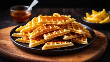 Wall Mural - a close up of a plate of waffles with syrup and a spoon