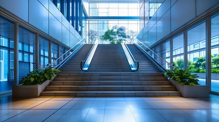 Poster - A wide staircase along the large windows in an office building Modern interior of the lobby of an office building with large spacious windows Illuminated long corridor in a modern busi : Generative AI