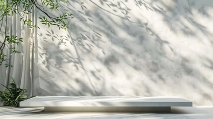Aufkleber - White concrete empty table organic curtain and plant shadow on cement wall Summer exterior scene for product placement mockup Neutral minimal aesthetic : Generative AI