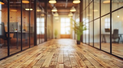 Aufkleber - Beautiful blurred background of a modern Industrial office interior in Vintage tone with panoramic windows glass partitions and plywood Wooden floor : Generative AI