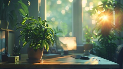 Fototapete - Empty workplace with desk and plant in office room copy space work from an atmospheric home office full of green plant : Generative AI