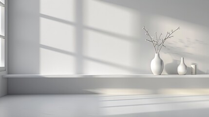 Aufkleber - modern minimalistic cozy white home interior background white wall with shelves and design wall and floor sunlight beams from window and shadows white background with spotlights : Generative AI