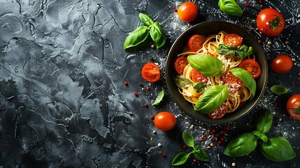 Wall Mural - Italian food  on dark background with pasta pizza top view : Generative AI