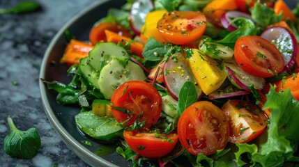 Wall Mural - Fresh and colorful vegetable salad with cherry tomatoes, cucumbers, radishes, and bell peppers, garnished with herbs in a black bowl.