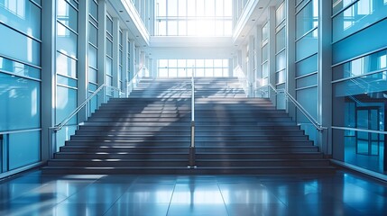 Wall Mural - A wide staircase along the large windows in an office building Modern interior of the lobby of an office building with large spacious windows Illuminated long corridor in a modern busi : Generative AI