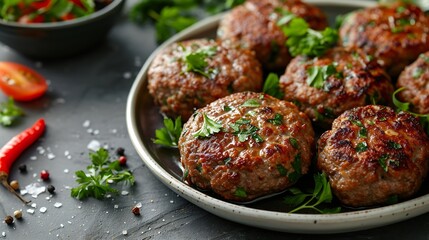 Wall Mural - Delicious minced pork and beef cutlets on plate over light background Comfort food Top view flat lay : Generative AI