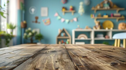 Poster - Wooden table free space over blur background of childrens room with kid toys Product display presentation : Generative AI