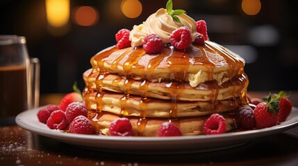Wall Mural - Close-Up of pile of pancakes with melted sweet syrup and fruit toppings with a blurred background