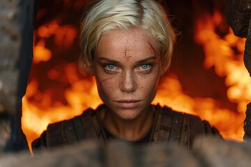 Poster - Intense gaze of a determined woman in a fiery setting