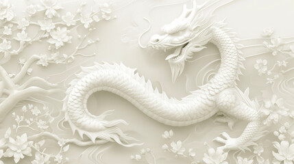 China dragon zodiac sign on nature background. Asian festive greeting card. Oriental traditional mythical serpent