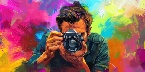 Poster - Photographer taking photo with colorful abstract background