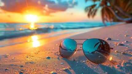 Sunglasses on beach at sunset.