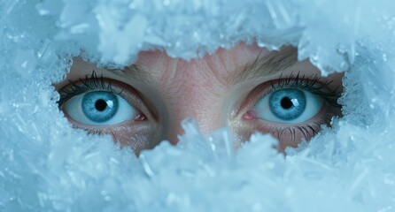 Poster - Piercing blue eyes peeking through icy winter scene