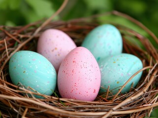 Canvas Print - Colorful speckled easter eggs in a nest