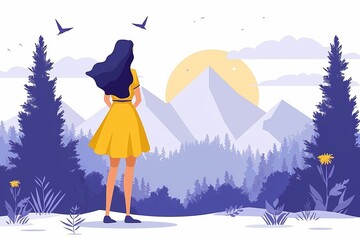 Sticker - Woman in Yellow Dress Admiring Mountain View at Sunset