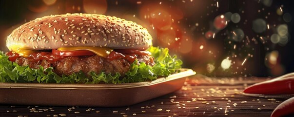 Wall Mural - Delicious cheeseburger with lettuce on a wooden tray against a blurred festive background with bokeh lights and chili pepper seasoning.