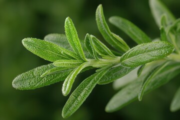 Wall Mural - Closeup of green leaves with water droplets