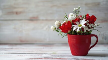 Sticker - Floral arrangement in red cup on white wooden surface with space for decoration