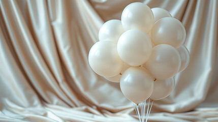 Elegant cluster of cream-colored balloons against a luxurious draped fabric background, party and celebration theme.