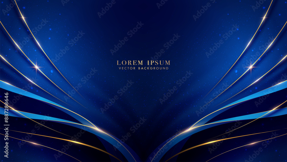 Blue luxury background with golden line curve decoration, and glitter ...