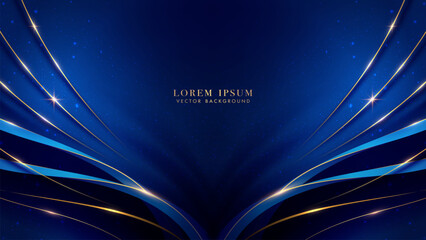 Wall Mural - blue luxury background with golden line curve decoration, and glitter light effect elements