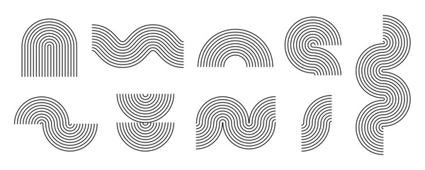 black line boho style arch and wave set. mid century linear curve shapes collection. decorative outl