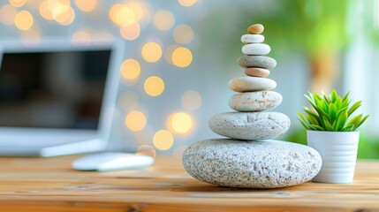 Balanced stones on a wooden desk with a potted plant and blurred laptop in the background, creating a serene work environment.