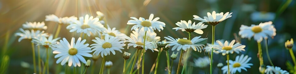 A close-up of daisies in a field, with the sunlight creating a halo effect around the white petals and the vibrant green of the stems standing out