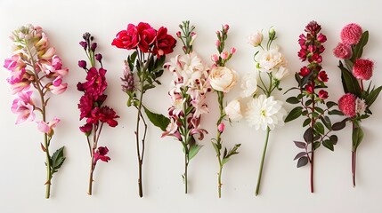 Wall Mural - Flat lay of fresh flowers on white background. 