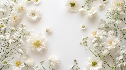 Wall Mural - Flat lay of fresh flowers on white background. 