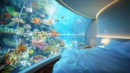 Underwater hotel with clear walls showing marine life