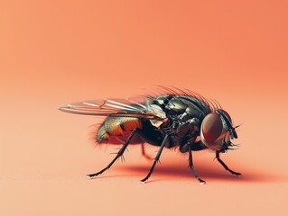 Housefly rising on a solid peach background ar   062 fly, insect, macro, nature, bug, animal, wing, closeup, close-up, housefly, leaf, pest, isolated, hairy, detail, eyes, wings, close, small, wildlif