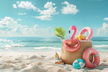 Wall Mural - A beach scene with a basket full of beach toys including a pink flamingo, a star