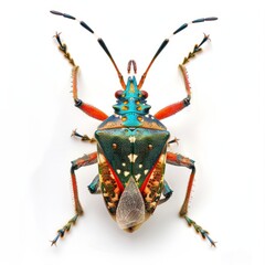 A stink bug nymph displaying vibrant coloration and spiny body, isolated white background, surrealism art style