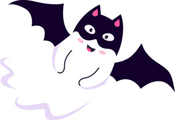 Wall Mural - Funny cartoon Halloween kawaii ghost character wearing costume of bat. Isolated vector funny spook with black wings, mask and white, smiling form, floats playfully with a little trailing behind