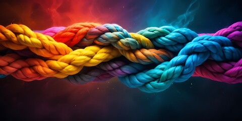 Team rope diverse strength connect partnership together teamwork unity communicate support. Strong diverse network rope team concept integrate braid color background cooperation empower power.