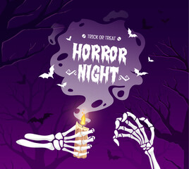 Canvas Print - Skeleton hands with candle, trick or treat Halloween banner. Vector skeletal hands cradle a flickering candle against a purple sky, with creepy tree silhouettes and flying bats. Spooky delight awaits