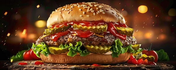 Wall Mural - Delicious gourmet burger with sesame bun, fresh lettuce, pickles, and juicy patty, topped with ketchup and lit in a warm, ambient setting.