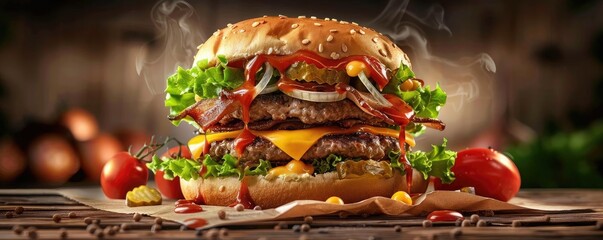 Wall Mural - Close-up of a delicious double bacon cheeseburger with fresh vegetables, melted cheese, and flavorful sauces, perfect for a gourmet meal.