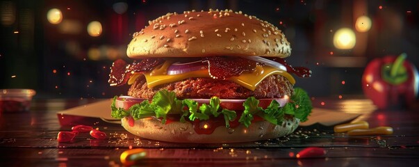 Wall Mural - Delicious cheeseburger with fresh vegetables, melted cheese, and a sesame seed bun, perfect for a tasty meal or food advertisement.