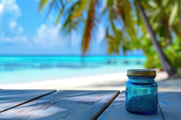 Wall Mural - A jar of blue liquid sits on a wooden table by the ocean