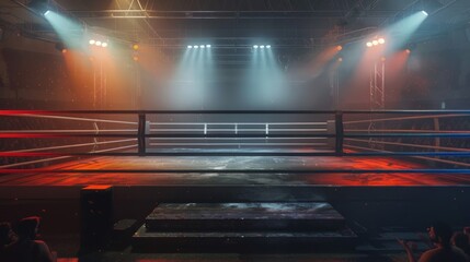 Wall Mural - A boxing ring stands empty, bathed in the glow of theatrical spotlights. The stage is set for a fight, but the combatants are absent, leaving only the ropes and the canvas to tell the story