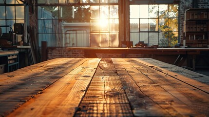 Poster - Warm Wooden Table in Rustic Workshop